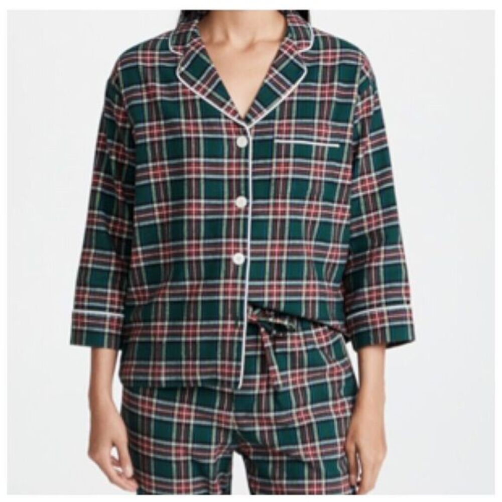 Sleepy Jones Marina Pajama Top Women's XS Plaid‎ Cotton Flannel 3/4 Sleeve Piped